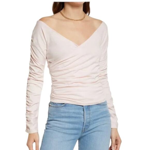 Open Edit Off The Shoulder Ruched Long Sleeve Top Pink Size Medium NWOT - Picture 1 of 8